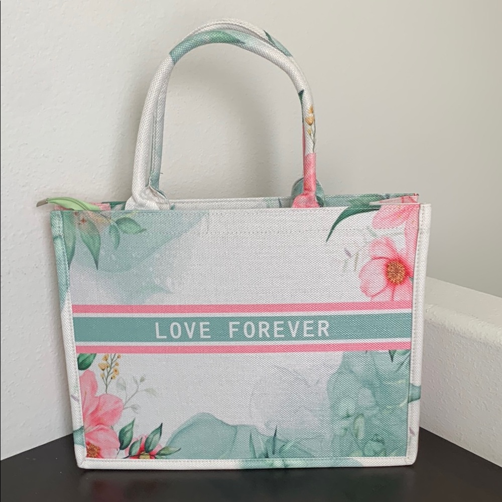Amazon Green and White Weekend / Beach or Bridal Tote Bag with Floral Design.
